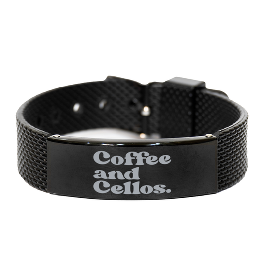 Cello 70s 1970s Cellist Bracelet, Gifts, Black Shark Mesh Bracelet, Christmas, Stocking Stuffer