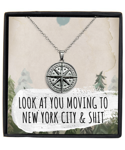 Moving to New York City Housewarming Silver Plated Compass Necklace, Moving Away Message Card Jewelry