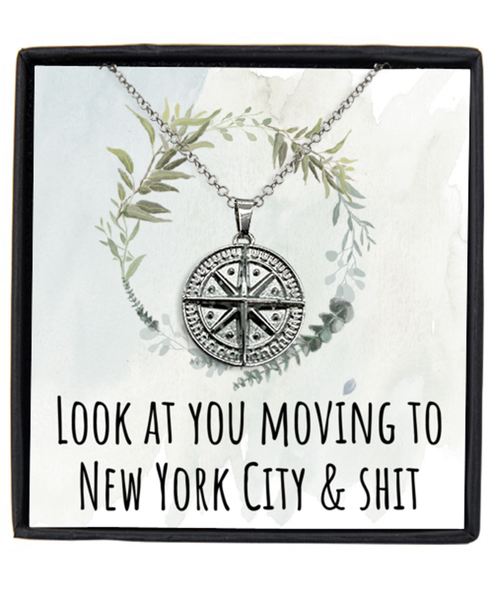 Moving to New York City Housewarming Silver Plated Compass Necklace, Moving Away Message Card Jewelry