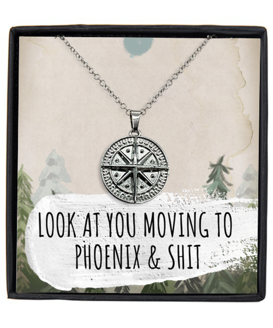 Moving to Phoenix Arizona Housewarming Silver Plated Compass Necklace, Moving Away Message Card Jewelry