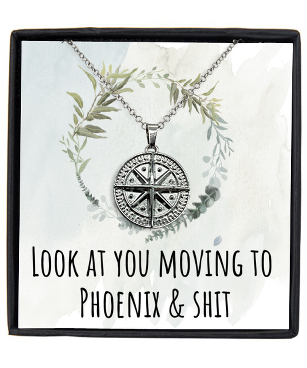 Moving to Phoenix Arizona Housewarming Silver Plated Compass Necklace, Moving Away Message Card Jewelry