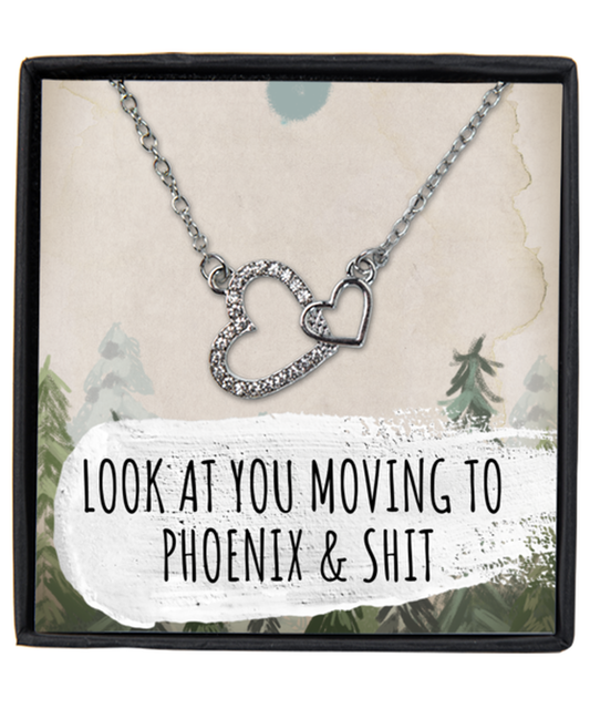 Moving to Phoenix Arizona Housewarming Silver Plated Interlocking Hearts Necklace, Moving Away Message Card Jewelry