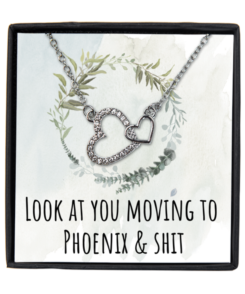 Moving to Phoenix Arizona Housewarming Silver Plated Interlocking Hearts Necklace, Moving Away Message Card Jewelry