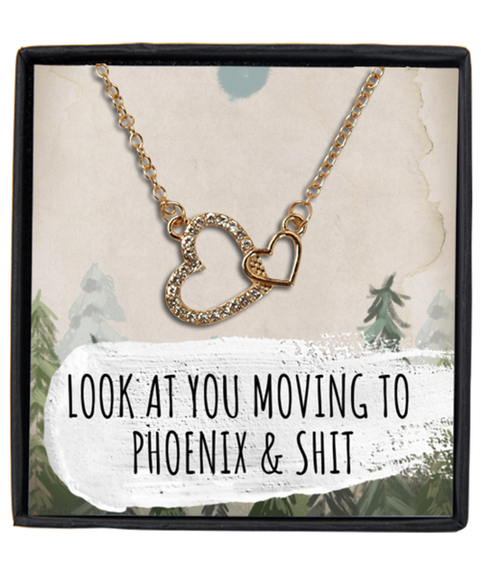 Moving to Phoenix Arizona Housewarming Gold Plated Interlocking Hearts Necklace, Moving Away Message Card Jewelry