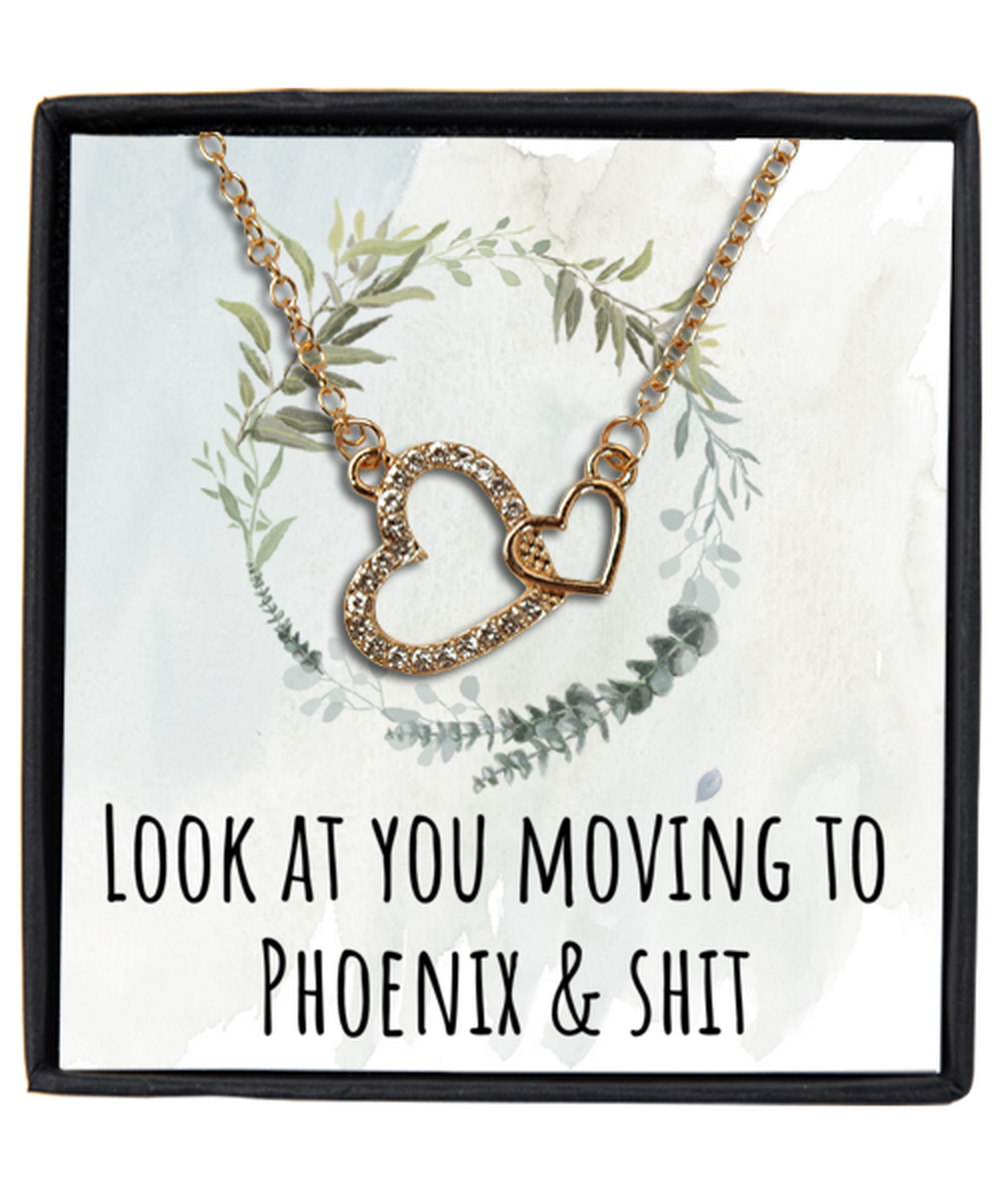 Moving to Phoenix Arizona Housewarming Gold Plated Interlocking Hearts Necklace, Moving Away Message Card Jewelry