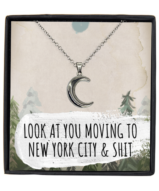 Moving to New York City Housewarming Crescent Moon Necklace, Moving Away Message Card Jewelry