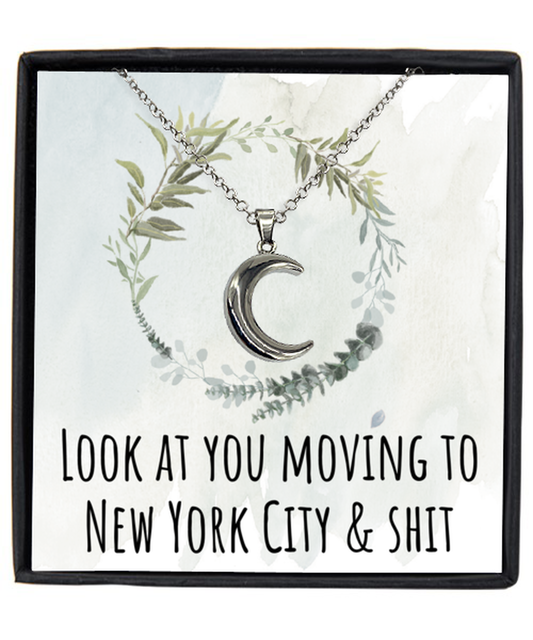 Moving to New York City Housewarming Crescent Moon Necklace, Moving Away Message Card Jewelry