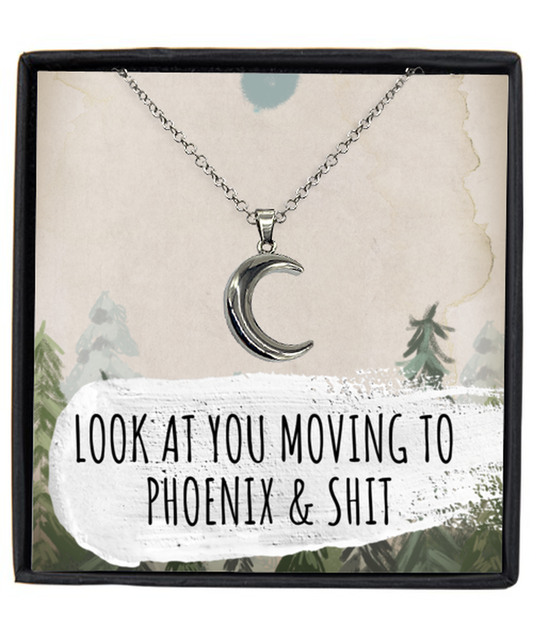 Moving to Phoenix Arizona Housewarming Crescent Moon Necklace, Moving Away Message Card Jewelry