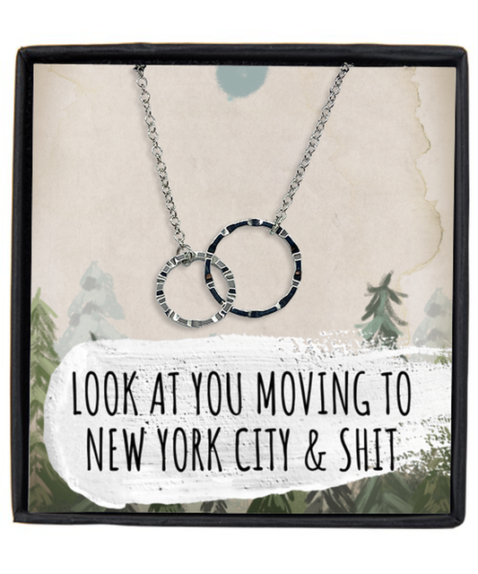 Moving to New York City Housewarming Interlocking Rings Necklace, Moving Away Message Card Jewelry