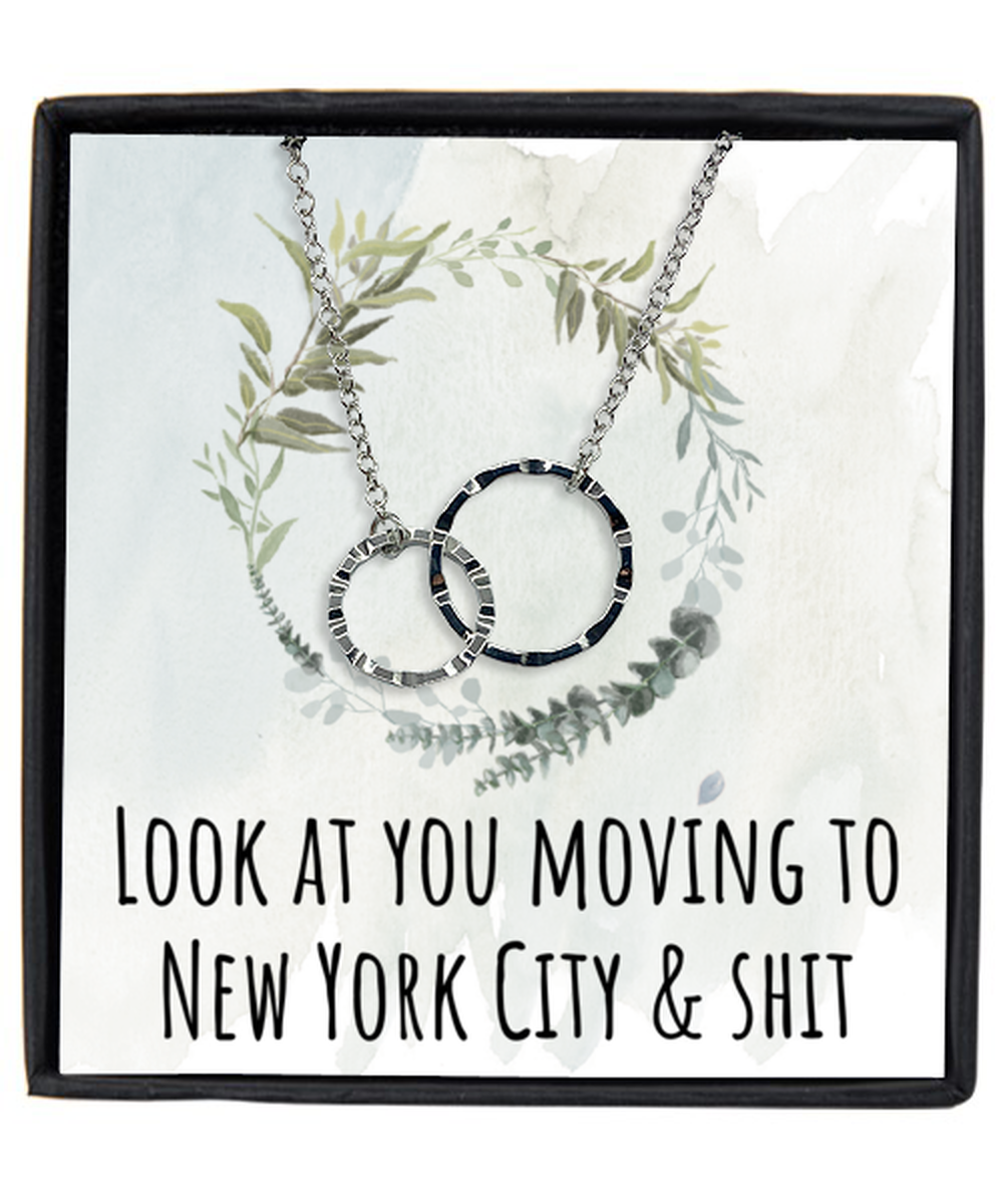 Moving to New York City Housewarming Interlocking Rings Necklace, Moving Away Message Card Jewelry