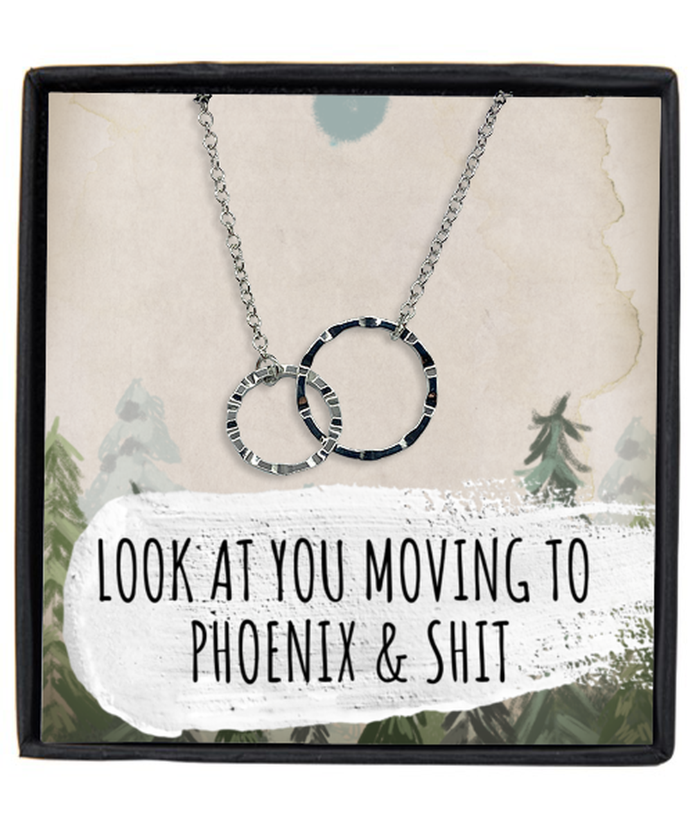 Moving to Phoenix Arizona Housewarming Interlocking Rings Necklace, Moving Away Message Card Jewelry