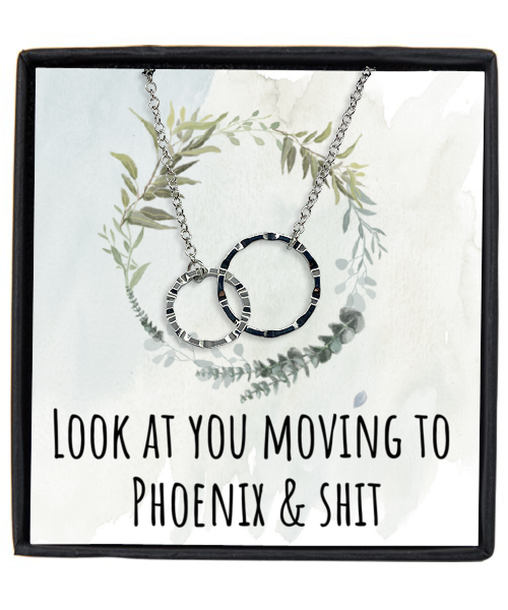 Moving to Phoenix Arizona Housewarming Interlocking Rings Necklace, Moving Away Message Card Jewelry