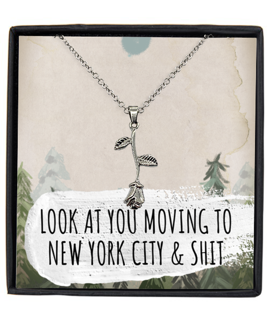 Moving to New York City Housewarming Pendant Necklace, Moving Away Message Card Jewelry