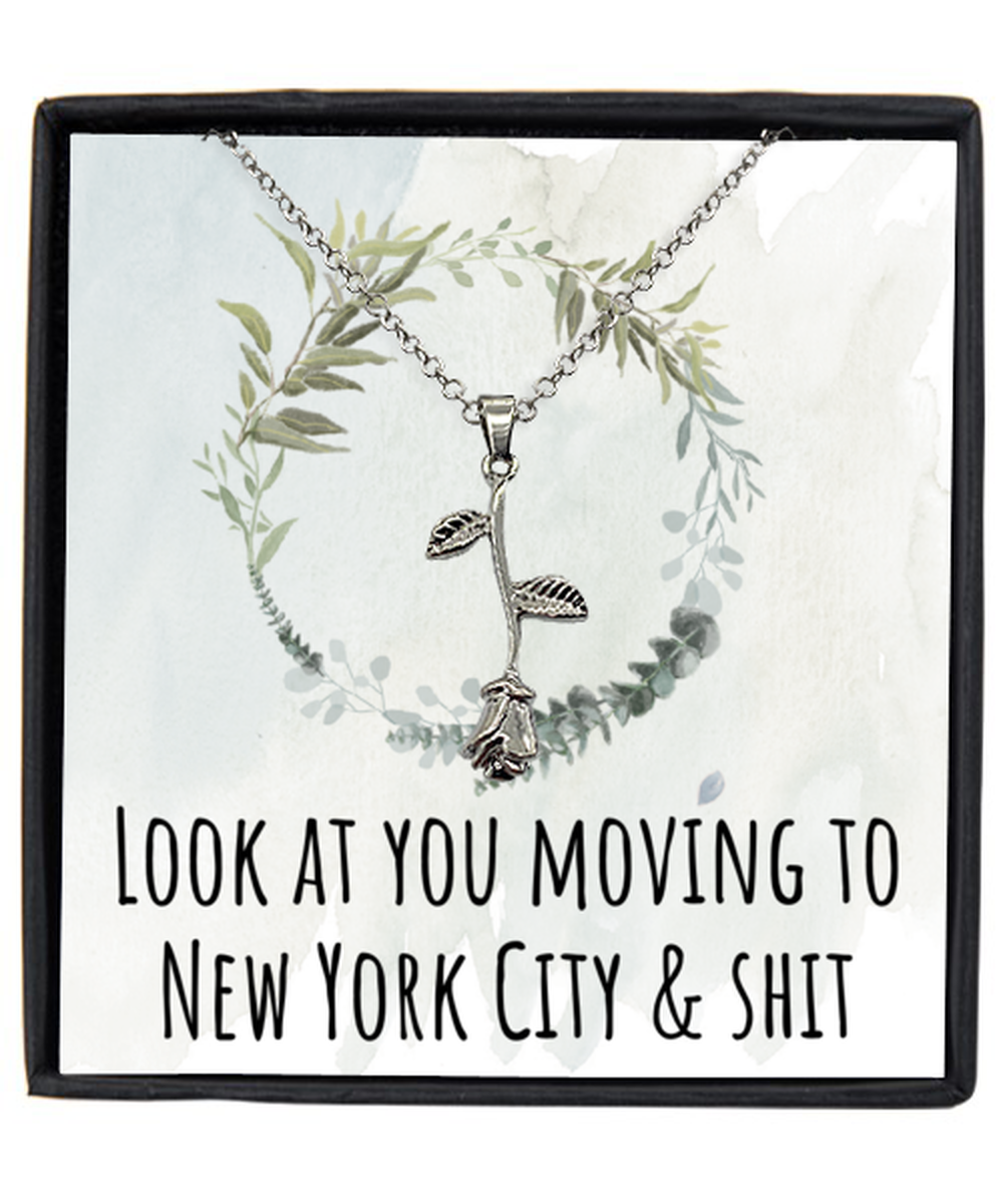 Moving to New York City Housewarming Pendant Necklace, Moving Away Message Card Jewelry