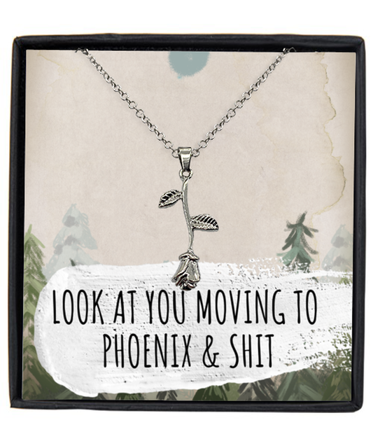 Moving to Phoenix Arizona Housewarming Pendant Necklace, Moving Away Message Card Jewelry