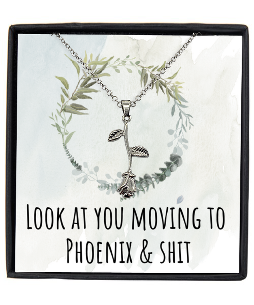 Moving to Phoenix Arizona Housewarming Pendant Necklace, Moving Away Message Card Jewelry