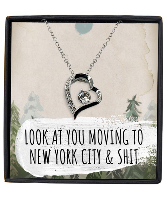 Moving to New York City Housewarming Pendant Necklace, Moving Away Message Card Jewelry