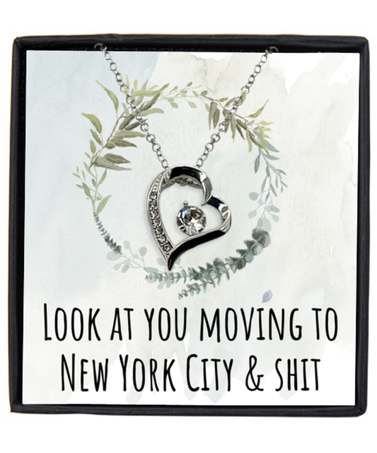 Moving to New York City Housewarming Pendant Necklace, Moving Away Message Card Jewelry