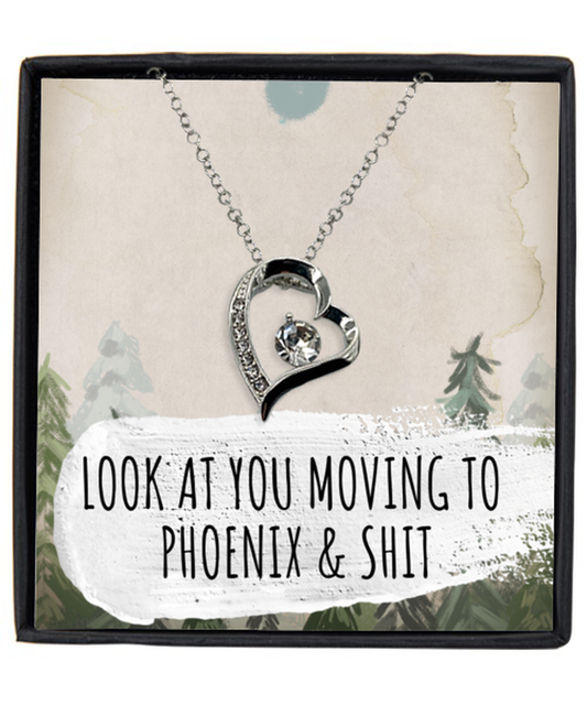 Moving to Phoenix Arizona Housewarming Pendant Necklace, Moving Away Message Card Jewelry