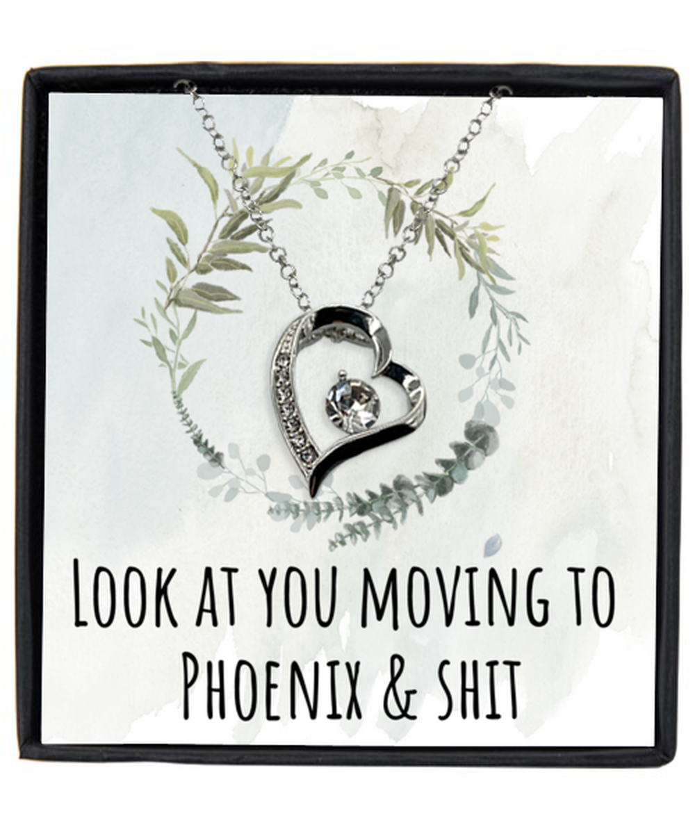 Moving to Phoenix Arizona Housewarming Pendant Necklace, Moving Away Message Card Jewelry