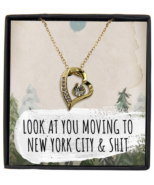 Moving to New York City Housewarming Pendant Necklace, Moving Away Message Card Jewelry