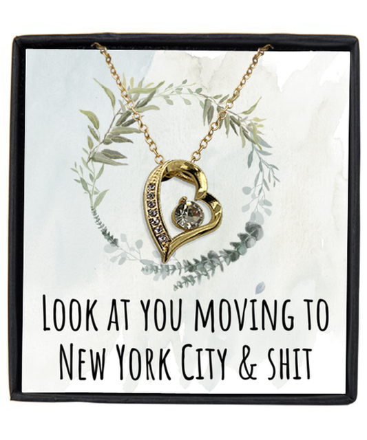 Moving to New York City Housewarming Pendant Necklace, Moving Away Message Card Jewelry