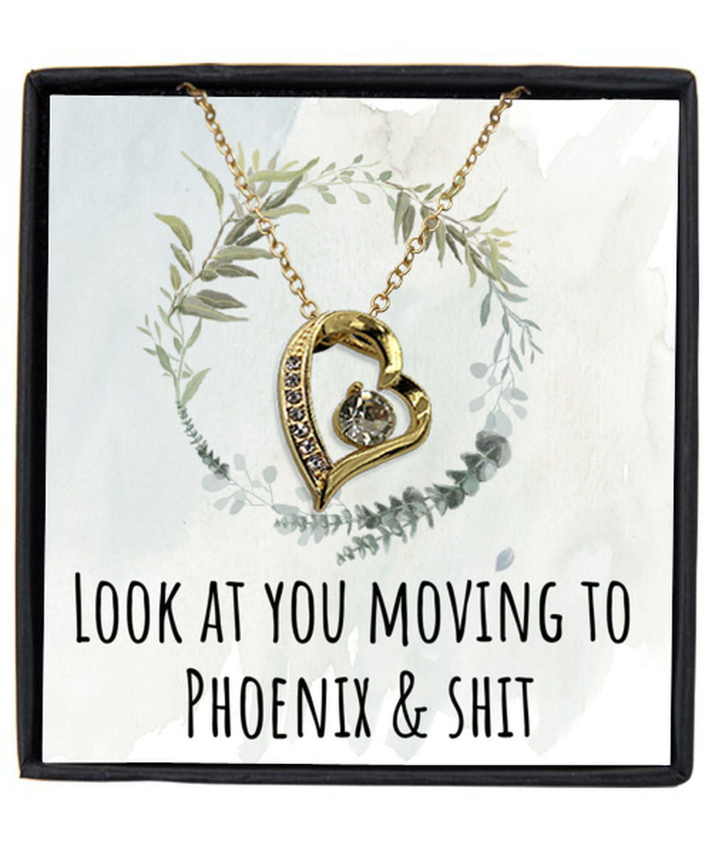 Moving to Phoenix Arizona Housewarming Pendant Necklace, Moving Away Message Card Jewelry