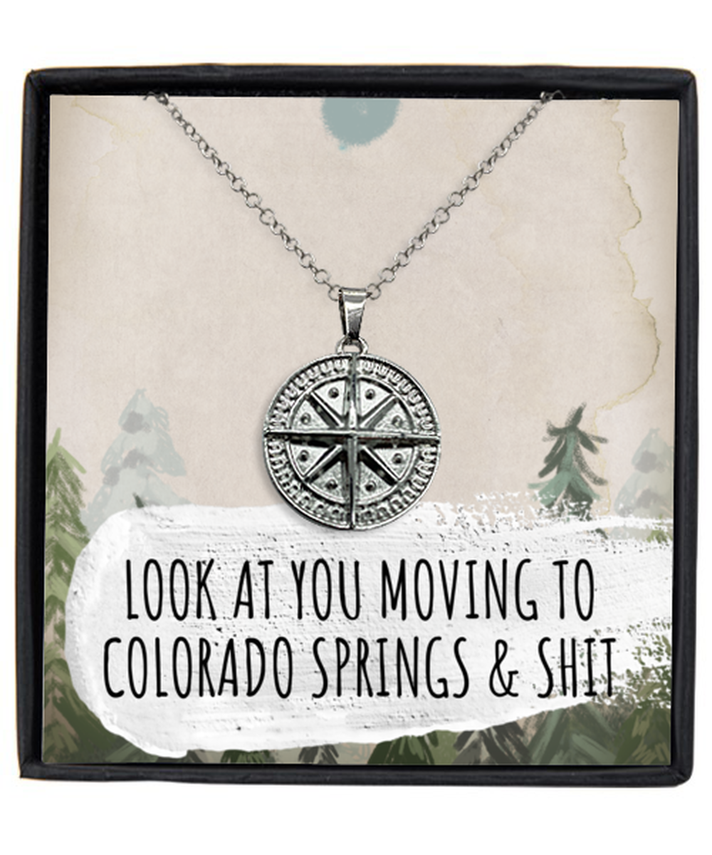 Moving to Colorado Springs Colorado Housewarming Silver Plated Compass Pendant Necklace, Funny Moving Away Message Card Jewelry