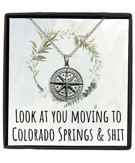 Moving to Colorado Springs Colorado Housewarming Silver Plated Compass Pendant Necklace, Funny Moving Away Message Card Jewelry