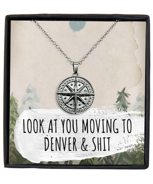 Moving to Denver Colorado Housewarming Silver Plated Compass Pendant Necklace, Funny Moving Away Message Card Jewelry