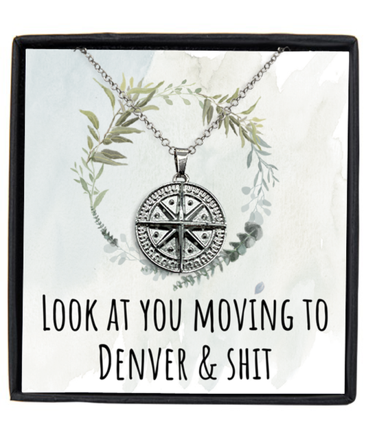 Moving to Denver Colorado Housewarming Silver Plated Compass Pendant Necklace, Funny Moving Away Message Card Jewelry