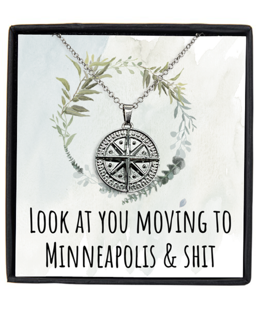 Moving to Minneapolis Minnesota Housewarming Silver Plated Compass Pendant Necklace, Funny Moving Away Message Card Jewelry