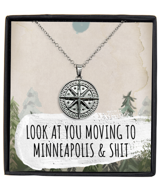 Moving to Minneapolis Minnesota Housewarming Silver Plated Compass Pendant Necklace, Funny Moving Away Message Card Jewelry