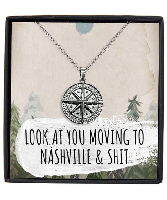 Moving to Nashville Tennessee Housewarming Silver Plated Compass Pendant Necklace, Funny Moving Away Message Card Jewelry