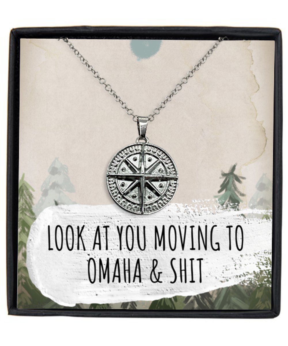 Moving to Omaha Nebraska Housewarming Silver Plated Compass Pendant Necklace, Funny Moving Away Message Card Jewelry