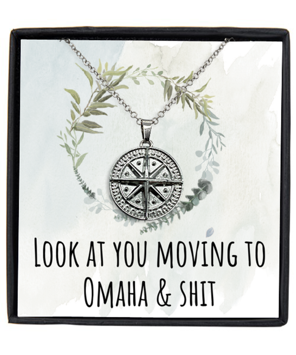 Moving to Omaha Nebraska Housewarming Silver Plated Compass Pendant Necklace, Funny Moving Away Message Card Jewelry