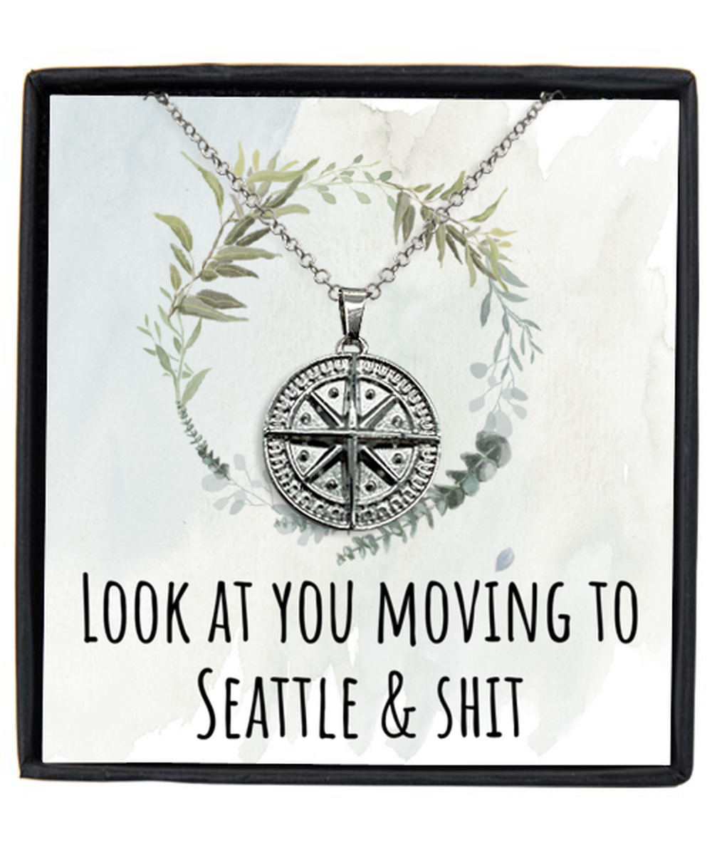 Moving to Seattle Washington Housewarming Silver Plated Compass Pendant Necklace, Funny Moving Away Message Card Jewelry