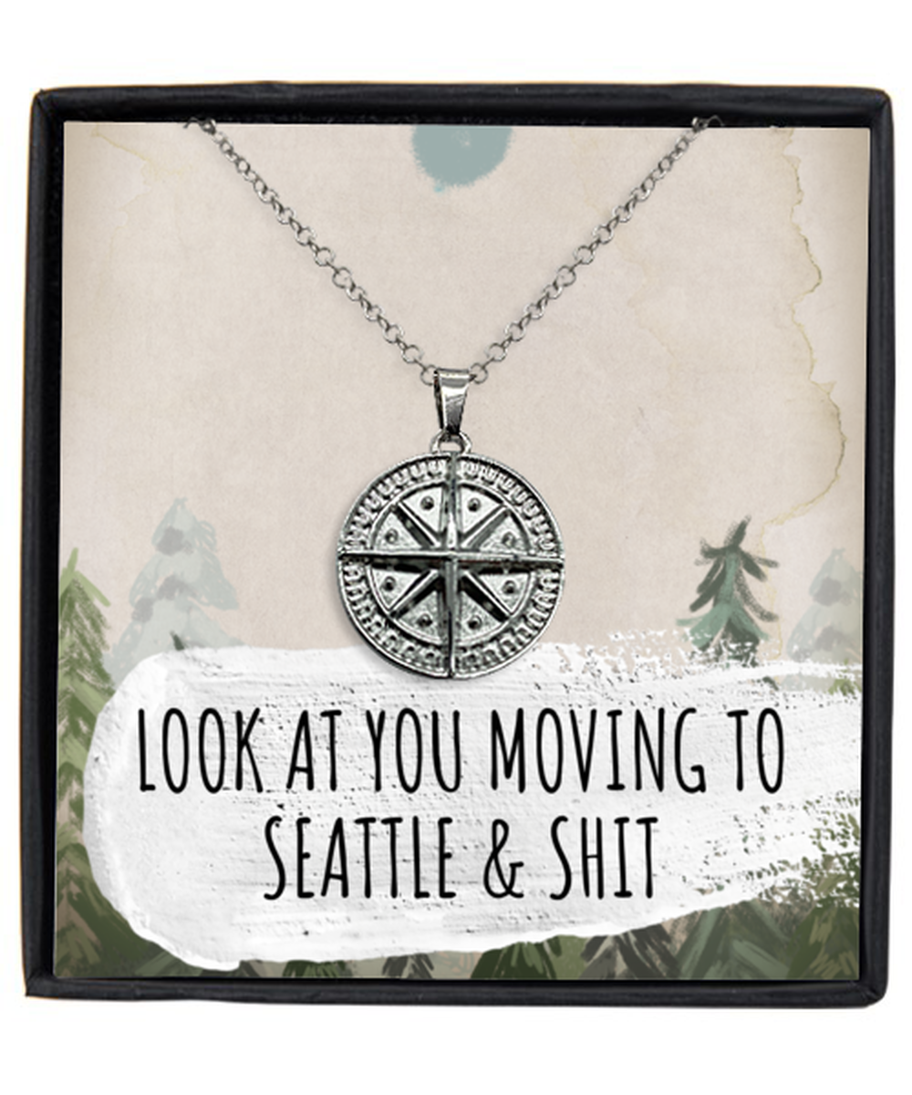 Moving to Seattle Washington Housewarming Silver Plated Compass Pendant Necklace, Funny Moving Away Message Card Jewelry