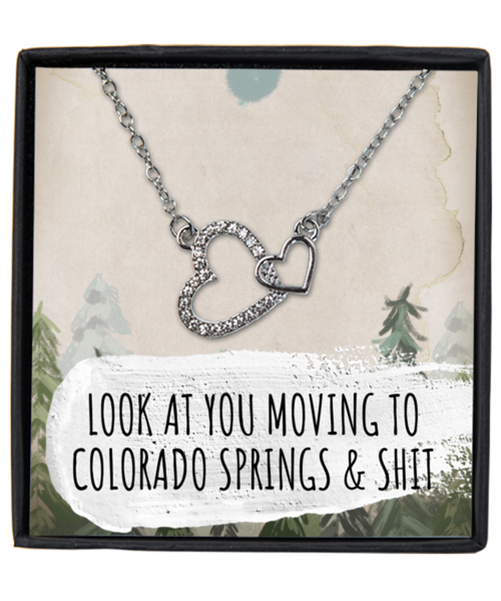 Moving to Colorado Springs Colorado Housewarming Silver Plated Heart Pendant Necklace, Funny Moving Away Message Card Jewelry