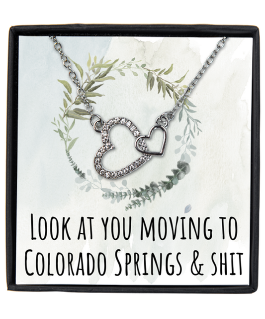 Moving to Colorado Springs Colorado Housewarming Silver Plated Heart Pendant Necklace, Funny Moving Away Message Card Jewelry