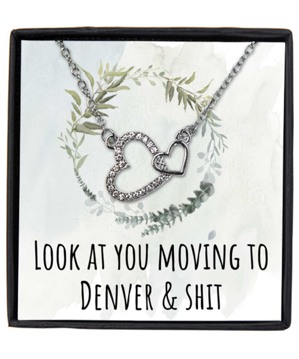 Moving to Denver Colorado Housewarming Silver Plated Heart Pendant Necklace, Funny Moving Away Message Card Jewelry