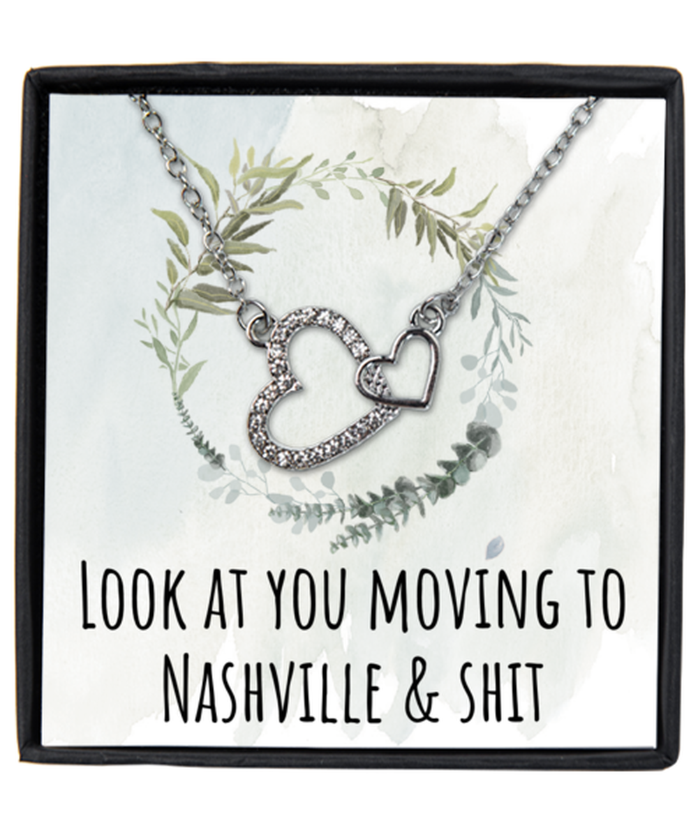 Moving to Nashville Tennessee Housewarming Silver Plated Heart Pendant Necklace, Funny Moving Away Message Card Jewelry