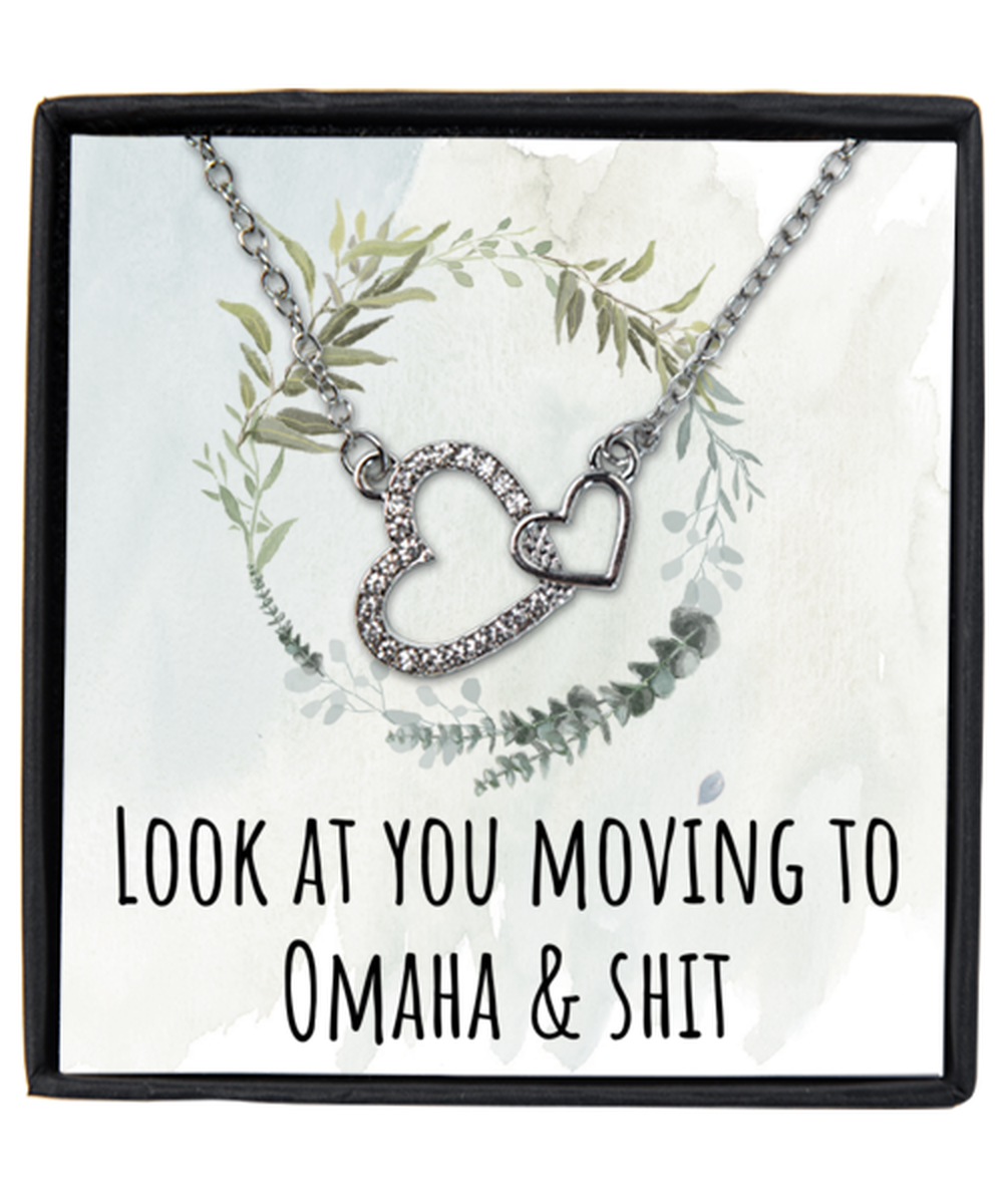 Moving to Omaha Nebraska Housewarming Silver Plated Heart Pendant Necklace, Funny Moving Away Message Card Jewelry