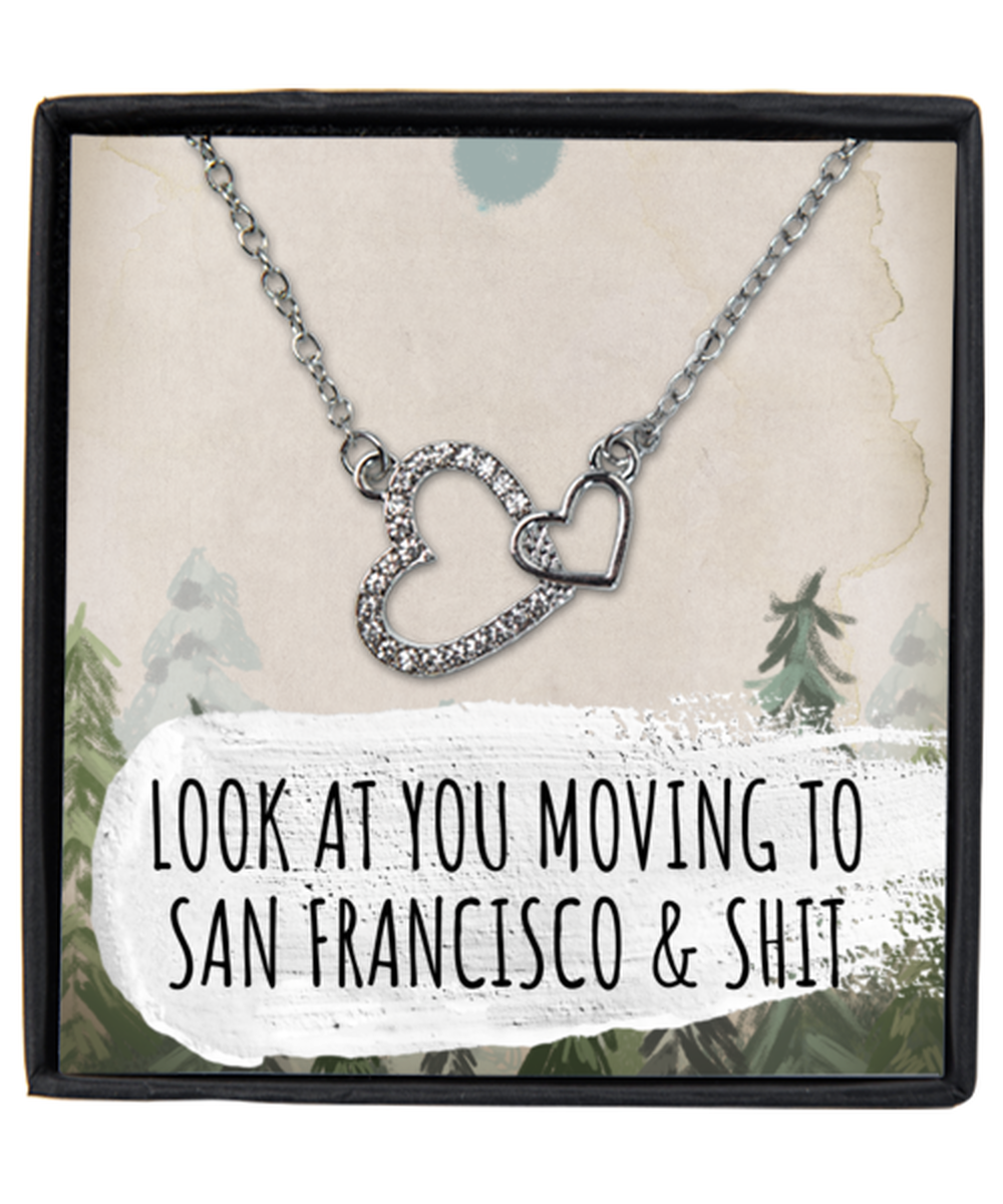 Moving to San Francisco California Housewarming Silver Plated Heart Pendant Necklace, Funny Moving Away Message Card Jewelry