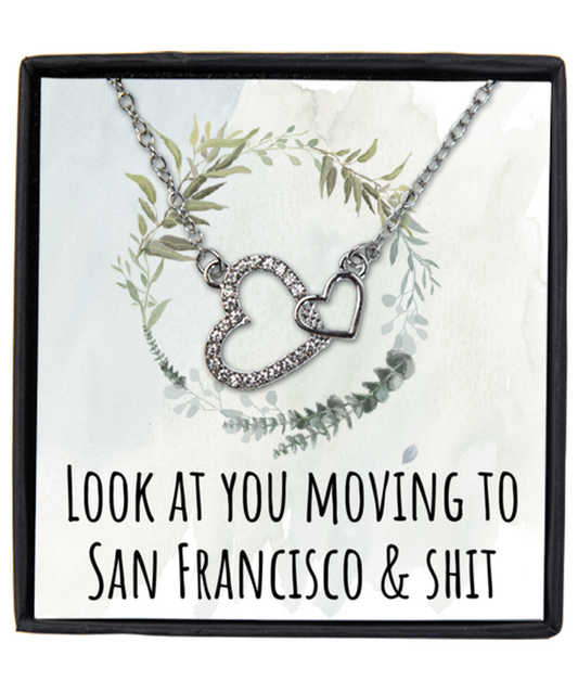 Moving to San Francisco California Housewarming Silver Plated Heart Pendant Necklace, Funny Moving Away Message Card Jewelry