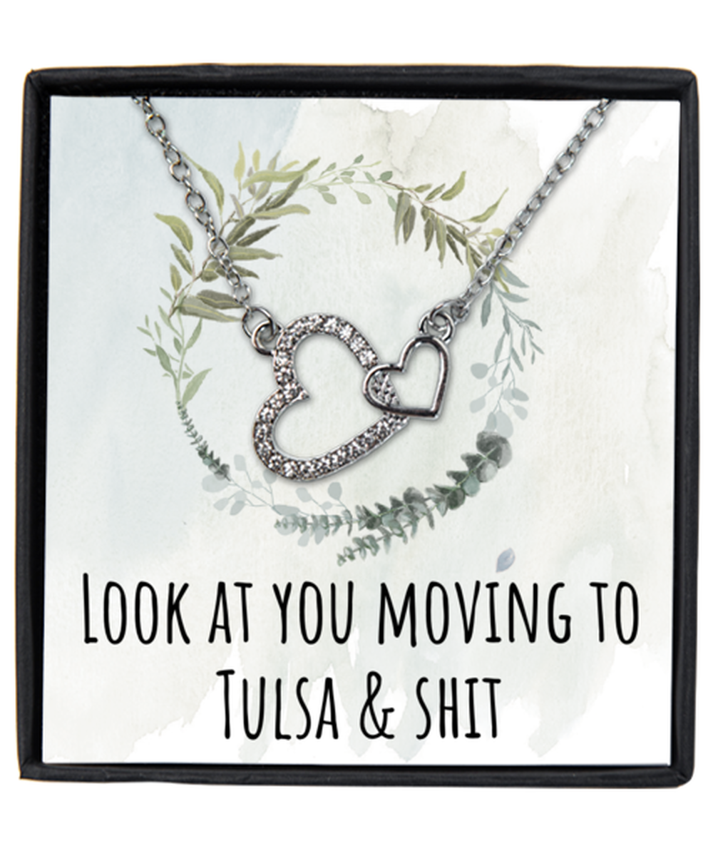 Moving to Tulsa Oklahoma Housewarming Silver Plated Heart Pendant Necklace, Funny Moving Away Message Card Jewelry