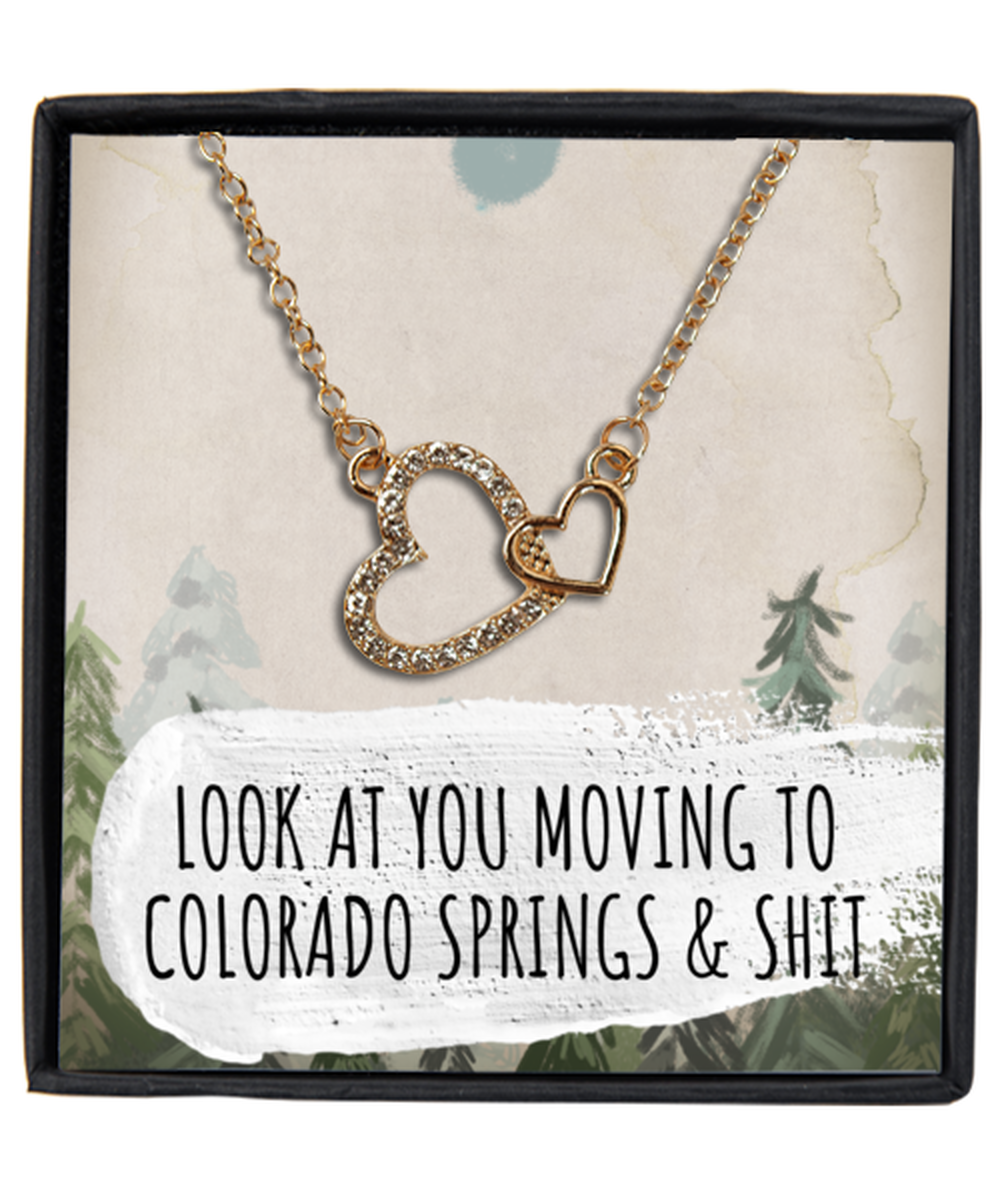 Moving to Colorado Springs Colorado Housewarming Gold Plated Heart Pendant Necklace, Funny Moving Away Message Card Jewelry