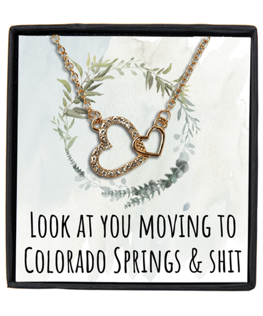 Moving to Colorado Springs Colorado Housewarming Gold Plated Heart Pendant Necklace, Funny Moving Away Message Card Jewelry