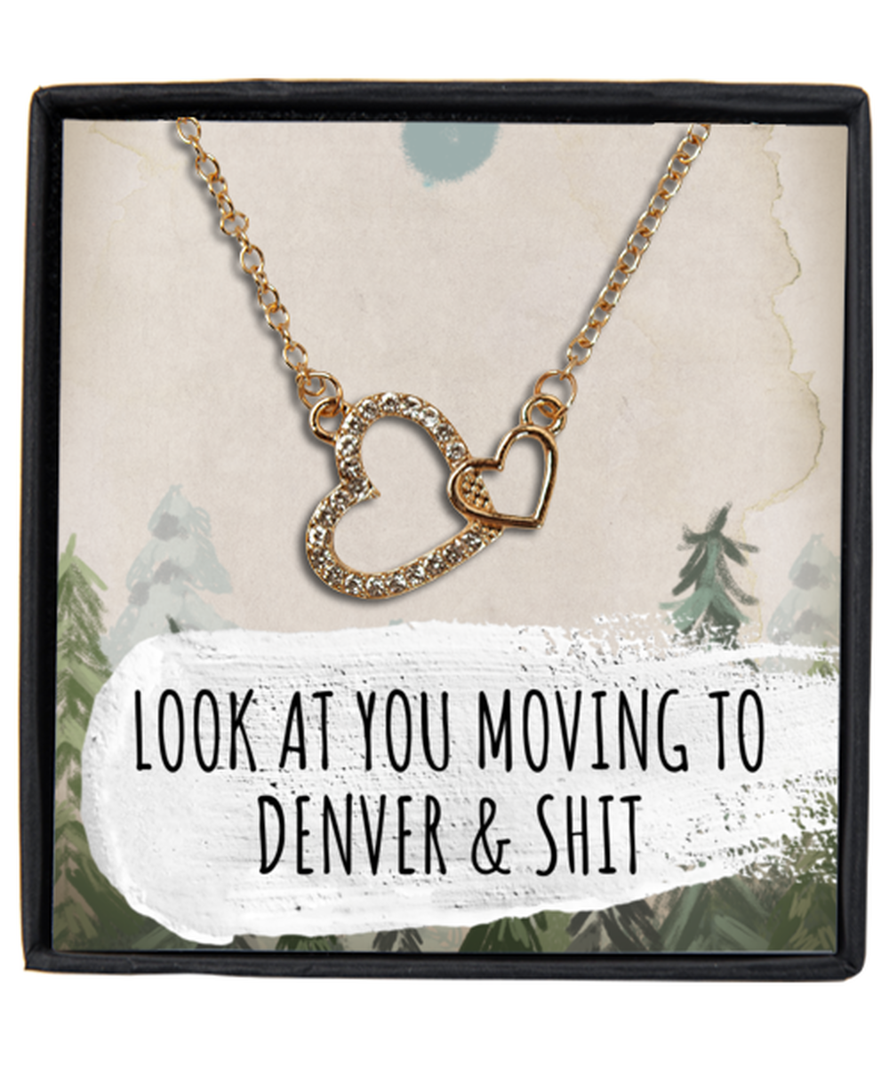 Moving to Denver Colorado Housewarming Gold Plated Heart Pendant Necklace, Funny Moving Away Message Card Jewelry