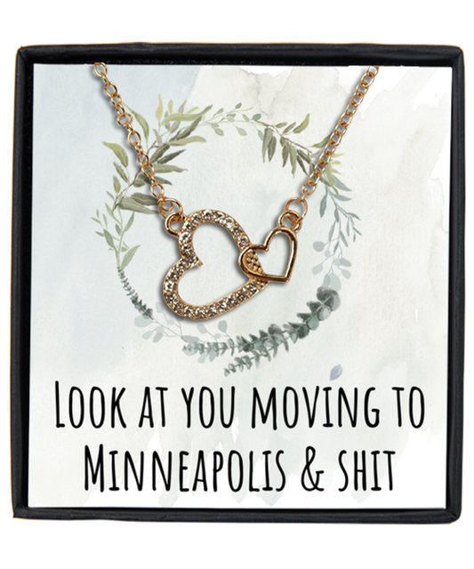 Moving to Minneapolis Minnesota Housewarming Gold Plated Heart Pendant Necklace, Funny Moving Away Message Card Jewelry